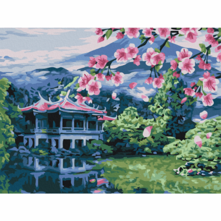 Pictură pe numere 30*40 сm (fără cutie) – Respirația Japoniei Setul include: 	pânză de bumbac cu o diagramă numerotată a imaginii, pe o ramă de lemn 	 3 perii de diferite grosimi 	 vopsele acrilice numerotate 	 monturi pentru fixare pe perete