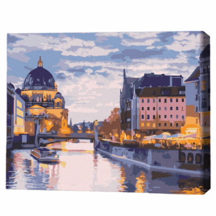 Pictură pe numere 30*40 сm (fără cutie) – Canalele din orașul vechi Setul include: 	pânză de bumbac cu o diagramă numerotată a imaginii, pe o ramă de lemn 	 3 perii de diferite grosimi 	 vopsele acrilice numerotate 	 monturi pentru fixare pe perete