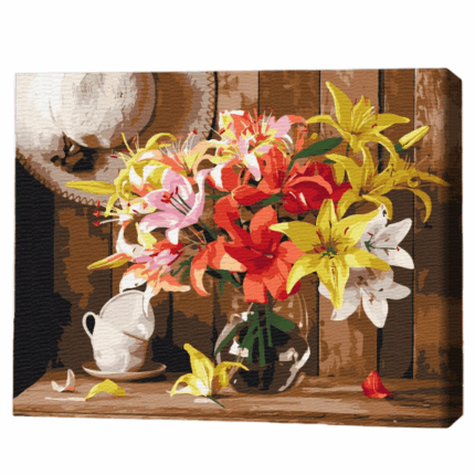Pictură pe numere 30*40 сm (fără cutie) – Buchet colorat de crini Setul include: 	pânză de bumbac cu o diagramă numerotată a imaginii, pe o ramă de lemn 	 3 perii de diferite grosimi 	 vopsele acrilice numerotate 	 monturi pentru fixare pe perete