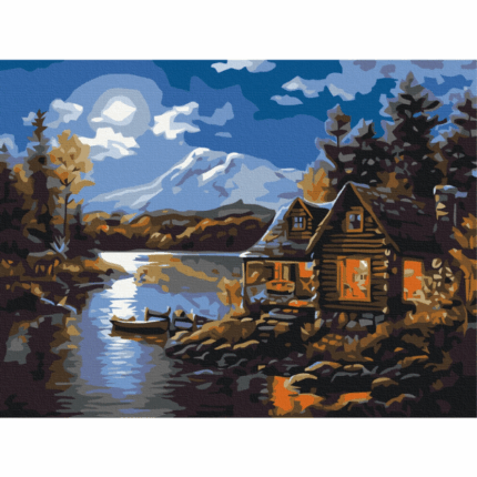 Pictură pe numere 30*40 сm (fără cutie) – Casa pădurarului Setul include: 	pânză de bumbac cu o diagramă numerotată a imaginii, pe o ramă de lemn 	 3 perii de diferite grosimi 	 vopsele acrilice numerotate 	 monturi pentru fixare pe perete