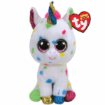 Разноцветный Единорог Harmonie (Beanie Boos) TY Incorporation – это безопасные и увлекательные плюшевые игрушки, которые являются необычайно популярными среди детей со всего земного шара. Они выполнены из антиаллергенных, экологически чистых и высококачественных материалов. А при их производстве было задействовано передовое и новейшее оборудование. 	Волшебный плюшевый единорог сделан из мягкого и приятного шелка Ty Silk. 	Блестящие,  розовые глаза Beanie Boo. 	Разноцветные, текстурированные акценты Super Sparkle на роге, ушах и лапах. 	Плюшевый единорог с белым телом, покрытым голубыми, зелеными, розовыми и желтыми пятнами. 	Веселое выражение лица скрашиn ваш день. 	Включает официальный Ty Heart с днем ​​​​рождения и стихотворением