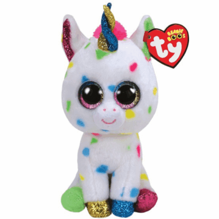 Разноцветный Единорог Harmonie (Beanie Boos) TY Incorporation – это безопасные и увлекательные плюшевые игрушки, которые являются необычайно популярными среди детей со всего земного шара. Они выполнены из антиаллергенных, экологически чистых и высококачественных материалов. А при их производстве было задействовано передовое и новейшее оборудование. 	Волшебный плюшевый единорог сделан из мягкого и приятного шелка Ty Silk. 	Блестящие,  розовые глаза Beanie Boo. 	Разноцветные, текстурированные акценты Super Sparkle на роге, ушах и лапах. 	Плюшевый единорог с белым телом, покрытым голубыми, зелеными, розовыми и желтыми пятнами. 	Веселое выражение лица скрашиn ваш день. 	Включает официальный Ty Heart с днем ​​​​рождения и стихотворением
