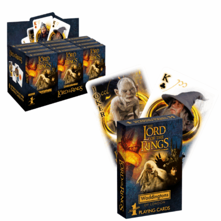 Карты игральные Waddingtons No. 1 «Властелин колец» Уникальная колода карт WADDINGTONS NO. 1 для настоящих поклонников серии Властелин колец! Играйте в макao, реми, войну или пасьянс с любимыми героями из культовой саги.Содержимое:55 карт с изображениями персонажей серии Властелин колецХарактеристики: 	Количество игроков: от 1 и больше 	Возраст: 4+ 	Время игры: около 15 минутВнимание! Не подходит для детей до 3 лет.