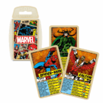 Joc de masă Top Trumps «Marvel Comics Retro» (en) Retrăiește epoca de aur a supereroilor cu jocul de colecție Top Trumps: Marvel Comics Retro! Acest pachet retro include personaje legendare din benzile desenate clasice Marvel, precum Spider-Man, Iron Man, Captain America, Hulk, Loki și Galactus. Fiecare carte conține atribute unice, cum ar fi forța, inteligența și numărul de apariții în benzi desenate, precum și informații interesante despre eroi și răufăcători. Jocul vine într-o cutie de plastic practică, ușor de transportat. Regulile sunt simple: compară caracteristicile personajelor și colectează cărțile adversarilor pentru a câștiga.Conținut: 	33 de cărți cu personaje Marvel 	Cutie de plastic pentru depozitareSpecificații: 	Număr de jucători: minim 2 	Vârstă: 6+ 	Durata jocului: aproximativ 15 minute