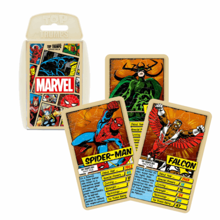 Joc de masă Top Trumps «Marvel Comics Retro» (en) Retrăiește epoca de aur a supereroilor cu jocul de colecție Top Trumps: Marvel Comics Retro! Acest pachet retro include personaje legendare din benzile desenate clasice Marvel, precum Spider-Man, Iron Man, Captain America, Hulk, Loki și Galactus. Fiecare carte conține atribute unice, cum ar fi forța, inteligența și numărul de apariții în benzi desenate, precum și informații interesante despre eroi și răufăcători. Jocul vine într-o cutie de plastic practică, ușor de transportat. Regulile sunt simple: compară caracteristicile personajelor și colectează cărțile adversarilor pentru a câștiga.Conținut: 	33 de cărți cu personaje Marvel 	Cutie de plastic pentru depozitareSpecificații: 	Număr de jucători: minim 2 	Vârstă: 6+ 	Durata jocului: aproximativ 15 minute