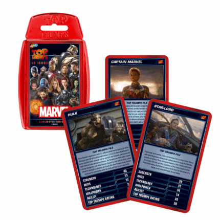 Настольная игра Top Trumps «Киновселенная Marvel» (англ.) Кинематографическая вселенная Marvel — одна из самых захватывающих, сложных и масштабных франшиз в истории кино, в которой представлены вдохновляющие супергерои со всего мира. В  издании Top Trumps: Киновселенная Marvel собраны тридцать самых ярких героев и злодеев, которые сойдутся в карточных поединках за звание сильнейшего. Черная Вдова, Звездный Лорд, Доктор Стрэндж, Шури, Черная Пантера, а также антагонисты вроде Таноса, Военной Машины и Локи — выбирай характеристики, такие как сила, технологии и остроумие, и сражайся за звание самого могущественного героя! Каждая карта содержит уникальную биографию и официальную иллюстрацию, а классический соревновательный геймплей делает эту колоду идеальной для фанатов фильмов и карточных баталий. Технологии Старка не спасут тебя — чтобы победить, тебе понадобятся умения и знание киновселенной Marvel!Ключевые особенности: 	Развлекательная и познавательная карточная игра, оживляющая любимых героев Marvel 	Играй в Top Trumps где угодно, когда угодно и с любым количеством игроков 	Узнай, насколько беспощаден Ультрон или насколько силен Железный человек 	Удобный пластиковый футляр для игры в дороге 	Используй знания и хитрость, чтобы одолеть соперников и стать лучшим в игре!