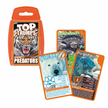 Настольная игра Top Trumps «Хищники» (англ.) Отправьтесь в захватывающее путешествие по миру самых смертоносных хищников планеты с карточной игрой TOP TRUMPS: Хищники. В этой увлекательной и познавательной игре вы встретите косатку, комодского варана, белого медведя и других опасных животных. Сравнивайте их силу, скорость, скрытность и рейтинг убийцы, чтобы выяснить, кто из них самый опасный.Ключевые особенности: 	Познавательная карточная игра, оживляющая самых опасных хищников мира 	Играйте в любое время и в любом месте, с любым количеством игроков 	Узнайте, сколько весит большая белая акула, насколько скрытен скорпион и каков рейтинг убийцы у американского аллигатора 	Удобный пластиковый футляр делает игру идеальной для путешествий 	Подходит для детей от 6 лет Комплектация: 	33 карты с изображениями и характеристиками хищников 	Пластиковый футляр для хранения