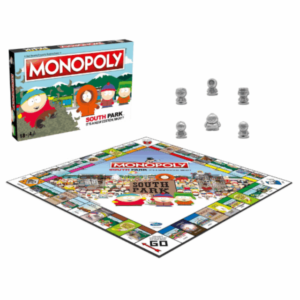 Joc de masă Monopoly «South Park» (en) Bine ai venit în South Park!Aceasta este ediția de colecție MONOPOLY inspirată din celebrul serial animat South Park. Cumpără locații emblematice precum Școala Elementară South Park sau Cartmanland și joacă alături de Cartman, Stan, Kyle, Kenny, Butters și Token. Cumpără, vinde și joacă inteligent pentru a deveni cel mai bogat locuitor al orașului!Dacă ai noroc, Cartmanland va deveni parcul tău privat de distracții. Dacă pierzi totul... poți deveni cel mai sărac copil din South Park.Conține: 	1 tablă de joc 	6 pioni de colecție 	28 de cărți de proprietate 	16 cărți SNACKY S’MORES 	16 cărți CHEESY POOFS 	1 pachet de bani Monopoly 	32 căsuțe (numite Clubhouses) 	12 hoteluri (numite Playgrounds) 	2 zaruri 	Instrucțiuni de joc