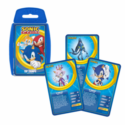 Настольная игра Top Trumps «Соник» (англ.) Соник — быстрый как молния! Эта увлекательная карточная игра создана по мотивам приключений культового героя и его друзей. Эми Роуз, Майлз «Тейлз» Прауэр, Доктор Эггман — узнаешь ли ты их всех? Простые правила и захватывающий геймплей придутся по вкусу всей семье.На каждой карте ты найдешь любимого персонажа и его характеристики, которые помогут одержать победу! Упакованные в удобный пластиковый футляр, карты можно брать с собой куда угодно — в поездку, на отдых или в гости.Правила игры:Перемешайте колоду и раздайте карты всем игрокам. Держите карты лицом вниз. Первый игрок берет верхнюю карту, выбирает одно из свойств и озвучивает его. Остальные игроки также вскрывают верхнюю карту и называют значение выбранного свойства. Тот, у кого самое высокое значение, выигрывает раунд и забирает карты соперников, кладя их вниз своей стопки. Побеждает тот, кто соберёт все карты!Состав игры: 	33 карты в удобной пластиковой коробкеХарактеристики: 	Количество игроков: от 2 	Возраст: 6+ 	Время игры: 15 минут