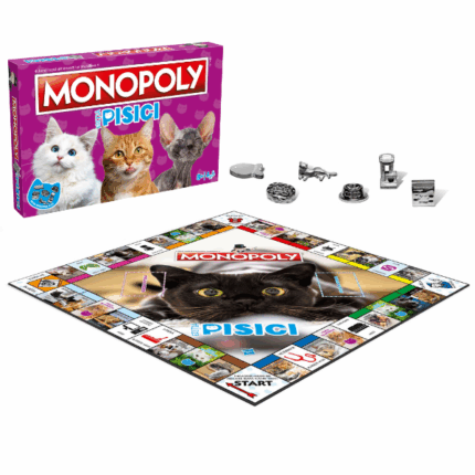 Настольная игра Monopoly «Кошки» (рум.) Выбирайте игру Monopoly — Кошки, идеальную для всех любителей этих милых и загадочных животных. Кошки могут завоевать не только ваше сердце, но и ваше имущество!Исследуйте 22 любимых места кошек, где они любят кушать, спать, шалить и играть. Будь то сад, кабинет, гостиная или кухня — кошки всегда в поисках новых приключений.Покупайте территории для выращивания своих кошек или уютные домики, которые хотят арендовать семьи, чтобы получать с них высокую арендную плату от соперников.Карточки Indoor Cats и Outdoor Cats могут принести вам как бонусы, так и неожиданные штрафы.В комплекте: 	1 игровое поле 	6 специальных фигурок 	28 карточек собственности 	16 карточек «Шанс» 	16 карточек «Общественная казна» 	2 кубика 	32 домика 	12 отелей 	1 набор игровых денег Monopoly 	инструкции на румынском языкеФигурки из металла: коробка с лакомствами, кроватка, миска, рыбка, кошка и игровой комплекс.Остерегайтесь кошачьего туалета и дорогих ветеринарных сборов!Заботьтесь о своих кошках — стройте для них дома и игрушки, чтобы избегать тюрьмы и выигрывать в игре.Технические характеристики: 	Материал: картон, пластик и металл 	Количество игроков: 2–6 	Рекомендуемый возраст: от 8 лет