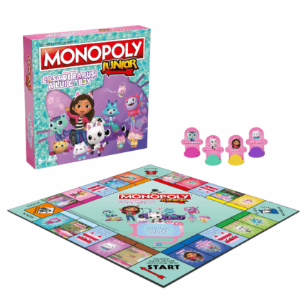 Joc de masă Monopoly Junior «Gabby’s Dollhouse» (ro) Dacă micuțul tău adoră desenul animat Gabby’s Dollhouse și jocurile de societate, atunci Monopoly Junior – "Gabby’s Dollhouse" este alegerea perfectă pentru seri de distracție în familie! Jocul este adaptat special pentru copiii de la 5 ani în sus: are reguli simplificate, un design colorat și personaje îndrăgite, oferind bucurie și distracție pentru întreaga familie.Tabla de joc este decorată cu scene din serial, iar pionii tematici și căsuțele adorabile de cumpărat îi vor ajuta pe cei mici să învețe, prin joc, cum să gestioneze resurse, să facă tranzacții și să își dezvolte gândirea logică.Jocul stimulează luarea deciziilor, gândirea strategică și interacțiunea socială — fiind ideal atât pentru familie, cât și pentru joaca între prieteni.Setul conține: 	4 figurine cu personaje 	24 cărți „Kitty Cat Surprise” 	36 marcatoare 	1 zar 	Bani Monopoly pentru copii 	Instrucțiuni în limba românăNumăr de jucători: 2–4Vârsta recomandată: 5 ani+Pentru părinți, Monopoly Junior Gabby’s Dollhouse este o ocazie minunată de a petrece timp de calitate alături de copii, într-un mod interactiv și relaxant. Regulile simplificate fac jocul ușor de înțeles chiar și pentru cei mai mici.