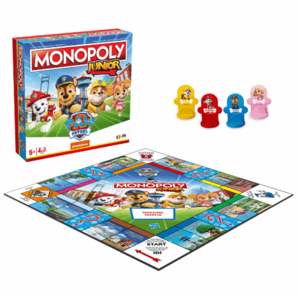 Joc de masă Monopoly Junior «Patrula Cățelușilor» (ro) Jocul de societate inspirat din îndrăgitul desen animat Paw Patrol este modalitatea perfectă de distracție și învățare pentru copiii de la 5 ani în sus!Alătură-te cățelușilor preferați — Chase, Marshall, Skye și Rubble — într-o aventură plină de misiuni în oraș.Regulile sunt inspirate din clasicul Monopoly, dar adaptate pentru copii, fiind ușor de înțeles și foarte interactive. Jocul stimulează gândirea logică, abilitățile strategice și învățarea prin joc.Setul conține: 	tablă de joc Monopoly Junior cu tematica PAW Patrol 	4 pioni reprezentând cățelușii: Chase, Marshall, Skye și Rubble 	24 cărți de misiuni 	36 marcatoare „Vândut” 	70 de bancnote Monopoly Junior 	1 zar 	regulament în limba românăPentru 2–4 jucători Vârstă recomandată: 5+ ani