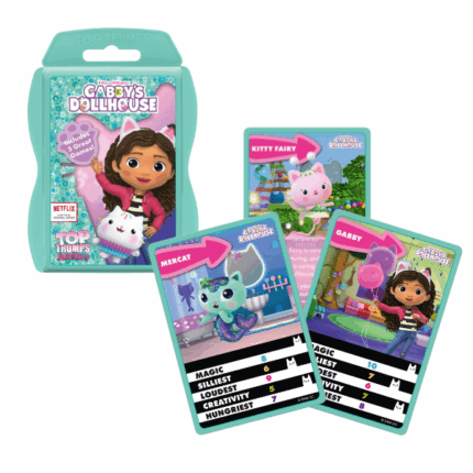 Настольная игра Top Trumps Junior «Gabby’s Dollhouse» (рум.) Отправляйтесь в путешествие по Домику Габби, полном магии, сюрпризов, приключений и очаровательных кошачьих друзей Габби! Специальное издание Top Trumps Junior идеально подходит для детей от 4 лет и предлагает веселые задания, головоломки и познавательные факты, которые займут детей на часы.В игре представлены 12 персонажей, включая Лули-Лу, Карлиту, Фею-Кошку и Пэнди Поза. Игроки сравнивают характеристики персонажей, чтобы победить — например, кто самый громкий, самый креативный или самый голодный. Узнавайте, кто самый волшебный, и находите любимые локации из мультфильма, такие как Сказочный сад или Игровая комната.Красивый пластиковый футляр аквамаринового цвета удобно лежит в детских руках, делая игру идеальной для поездок, дождливых дней или в качестве подарка.Особенности: 	Познавательная и увлекательная карточная игра, полюбившаяся детям 	Играйте где угодно и с любым количеством игроков 	Узнай, насколько волшебна Габби или как голодна Фея-Кошка 	Удобный футляр — бери с собой куда угодно 	Стань настоящим Top Trump, победив друзей с помощью смекалки!Доп. информация: 	Возраст: 4+ 	Количество игроков: от 2 человек 	Инструкция на румынском языке