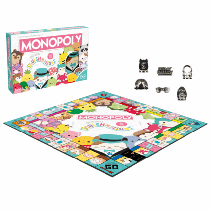 Joc de masă Monopoly «Squishmallows» (en) Adună-ți echipa și joacă cea mai pufoasă versiune a jocului clasic de familie!Descoperă ediția de colecție MONOPOLY: Squishmallows™, unde poți cumpăra, vinde și face schimb cu personajele tale preferate din echipele Classic și Fantasy, precum Fifi vulpea, Rosie porcușorul, Leonard leul și Benny omul zăpadă! Începe aventura cu un pluș exclusiv de 4” Cam pisica, apoi alege un pion unic: Căștile, Curcubeul sau logo-ul Feelin’ Mallow.Construiește echipe valoroase și colecții pentru a încasa chirii mai mari, și trage cărți Squish Squad și Mallow Days pentru premii sau penalizări neașteptate. Vei ajunge la petrecerea cu Cam sau vei descoperi o ediție rară Squishmallows™? Colecționează toate locațiile și rămâi ultimul cu bani Squishcash pentru a câștiga!Caracteristici cheie: 	Perfect pentru fanii Squishmallows™, 2–6 jucători 	Include 6 pioni metalici: Cam, etichetă, ochelari de soare și altele 	Planșă de joc adorabilă cu echipele și personajele Squishmallows™ 	Construiește-ți imperiul colecționând echipe și colecții 	Cărțile Squish Squad și Mallow Days pot aduce noroc sau necazuri 	Include un pluș exclusiv de 4 inch – Cam PisicaVârstă recomandată: 8+Număr de jucători: 2–6