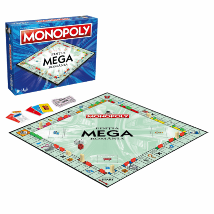 Joc de masă Monopoly Mega «România» (ro) Monopoly Mega "România" vine într-o variantă mai mare, cu provocări noi, păstrând în același timp tematica și elementele jocului clasic îndrăgit de întreaga lume.În această ediție, vei avea acces la mult mai multe proprietăți și mai mulți bani. Vei putea avansa mai rapid pe tabla de joc folosindu-te de Biletele de Autobuz.Mărește valoarea chiriilor construind Depouri de tren în Gări și Zgârie-nori în orașele din România.Varianta Mega Romania are o tablă de joc cu 30% mai mare și 12 spații în plus, dintre care 8 străzi (fiecare având câte o culoare diferită), 1 spațiu cu Bilete de Autobuz, 1 spațiu de Licitație pentru proprietăți încă nedobândite, o nouă Utilitate (Compania de Gaz) și 1 spațiu Cadou Aniversar.Jocul conține: 1 tablă mai mare de joc, 8 pioni, 37 Titluri de Proprietate, 32 Case, 12 Hoteluri, 8 Zgârie-nori, 4 Depouri, 16 cartonașe Șansă, 16 cartonașe Cufărul Comunității, 16 cartonașe Bilete de Autobuz, 2 zaruri clasice, 1 zar rapid, 1 suport pentru bancnote, 1 pachet de bani Monopoly, instrucțiuni în limba românăAsigură-te că banii circulă! Realizează tranzacții, încasează chirii, investește și dezvoltă. Fentează taxele piperate și obține monopolul tablei de joc.Detalii tehnice: 	Dimensiuni tablă: 37.5 x 37.5 cm 	Materiale: plastic, carton 	Instrucțiuni și elemente joc în limba română 	Număr de jucători: 2-6 	Vârsta recomandată: +8 ani