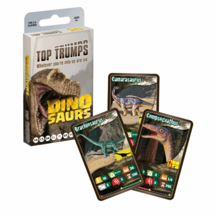 Настольная игра Top Trumps «Динозавры» (англ.) Перенеситесь в доисторические времена с колодой карт Top Trumps "Динозавры". В коробке находится набор карт, каждая из которых изображает одного из могущественных динозавров, таких как величественный Брахиозавр, впечатляющий Камаразавр или быстрый и маневренный Компсогнат. Каждая карта оживает образами этих доисторических гигантов, позволяя игрокам стать исследователями и путешественниками, которые раскрывают тайны древних эпох. Top Trumps Динозавры — это не просто игра, а захватывающее путешествие в мир древних времен, которое понравится как маленьким, так и взрослым любителям динозавров.Как играть?Перетасуйте карты и раздайте их всем игрокам. Убедитесь, что никто не подсматривает в стопки других участников. Игрок смотрит только на свою верхнюю карту и начинает с озвучивания значения лучшего параметра. Остальные игроки также берут верхнюю карту из своих стопок и сравнивают значения выбранного атрибута. Игрок с наивысшим числом очков забирает карты соперников и кладёт их под низ своей стопки. Побеждает тот, кто соберёт все карты.Содержимое игры: 	33 карты в удобной бумажной коробке tuck box.Характеристики: 	Количество игроков: 2-6 	Возраст: от 6 лет 	Время игры: около 15 минут