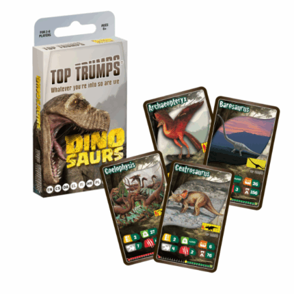 Joc de masă Top Trumps «Dinozauri» (en) Transportă-te în vremuri preistorice cu pachetul de cărți Top Trumps "Dinozauri". În cutie vei găsi un set de cărți, fiecare reprezentând unul dintre puternicii dinozauri, precum mărețul Brachiosaur, impresionantul Camarasaur sau agilul și rapidul Compsognathus. Fiecare carte prinde viață cu imaginea acestor giganți preistorici, oferindu-le jucătorilor șansa să devină cercetători și călători care descoperă misterele epocilor trecute. Top Trumps Dinozauri nu este doar un joc, ci o călătorie captivantă prin lumea vremurilor străvechi, ce va încânta atât micii, cât și marii entuziaști ai dinozaurilor.Cum se joacă?Amestecă cărțile și distribuie-le tuturor jucătorilor. Asigură-te că niciun participant nu poate vedea cărțile celorlalți. Jucătorul se uită doar la cartea lui de deasupra și începe prin a citi valoarea celei mai bune categorii. Ceilalți jucători iau și ei cartea de deasupra și compară valorile atributului ales. Jucătorul cu cel mai mare scor ia cărțile adversarilor și le pune la baza propriului teanc. Câștigă jucătorul care adună toate cărțile.Conținutul jocului: 	33 cărți într-un pachet practic de carton (tuck box).Specificații: 	Număr jucători: 2-6 	Vârstă: 6+ 	Durată joc: 15 minute