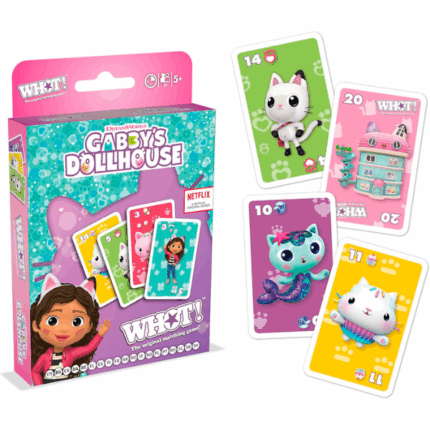 Карточная игра «WHOT! Кукольный домик Габби» Добро пожаловать в волшебный мир кукольного домика Габби! Вместе с Габби и её кото-друзьями отправляйся в увлекательное карточное приключение, полное игр, веселья и неожиданностей. Используй свои любимые персонажи, чтобы складывать карты, и первым избавься от всех! Играй с семьей или друзьями — радость гарантирована!Как играть?Цель игры — избавиться от всех своих карт, подбирая их по символу или числу. Перемешайте колоду и раздайте каждому игроку по 6 карт. Из оставшихся сформируйте закрытую колоду добора. Откройте верхнюю карту и положите в центр — это будет стопка сброса. Игрок по очереди должен положить карту с таким же символом или числом. Карта WHOT! может заменить любой символ или число. Если игрок не может походить, он берёт карту из колоды добора. Побеждает тот, кто первым избавится от всех карт.Расширенный режим: НокаутХочешь сделать игру длиннее? Попробуй режим «Нокаут». Как только один игрок избавляется от всех карт, остальные подсчитывают числа на оставшихся картах. Сумму записываем в блокнот. Кто набирает 100 очков или больше — выбывает. Побеждает последний оставшийся игрок.Содержимое коробки:● 53 карты с символами● Инструкция● Блокнот для подсчёта очковХарактеристики:● Количество игроков: 2+● Возраст: от 5 лет● Время игры: 15 минут