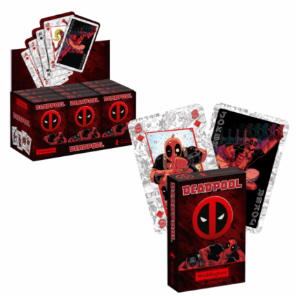Cărţi de joc Waddingtons No. 1 «Deadpool» Redescoperă faimosul joc de cărți Waddingtons alături de întreaga familie Deadpool: Lady Deadpool, Kidpool, Headpool și Dogpool! Acest pachet personalizat de 54 de cărți (inclusiv jokeri) îl înfățișează pe Deadpool în toată gloria sa nebună. Relaxează-te, distrează-te și nu uita motto-ul: Chimichanga!Caracteristici principale: 	Pachet oficial Waddingtons Number 1 inspirat din universul Deadpool 	52 de cărți de calitate superioară + 2 jokeri 	Personaje preferate: Deadpool, Lady Deadpool, Kidpool și alții 	Ideal pentru jocuri clasice precum Poker, Bridge, Rummy și Snap 	Cadoul perfect pentru fanii Deadpool și ai benzilor desenate Marvel 	Vârstă recomandată: 14+ 	Număr de jucători: 2 sau mai mulți