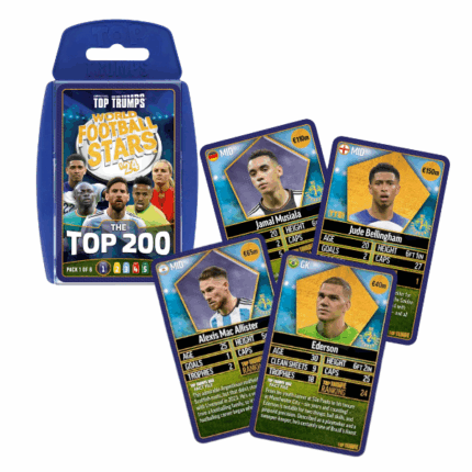 Настольная игра Top Trumps «World Football Stars 200» (1) Top Trumps: World Football Stars – Top 200 — это коллекционная карточная игра для поклонников футбола всех возрастов. Внутри — 200 карт с самыми известными звёздами мирового футбола: от легенд до восходящих талантов. Игроки сравнивают характеристики игроков (например, голы, техника, возраст), чтобы выиграть карты соперников. Первый набор включает удобный пластиковый футляр, правила и карты для начала игры. Это отличная возможность узнать больше о футболистах и весело провести время.Начни собирать всех лучших футболистов мира с набором Top Trumps TOP 200, всего доступно 6 коллекционных паков. В коллекции — игроки из Англии, Европы, США, Германии, Испании, Ближнего Востока, среди них и мужчины, и женщины.Игра подходит детям с 6 лет и взрослым.