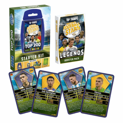 Настольная игра Top Trumps «World Football Stars 200» (стартовый набор) Top Trumps: World Football Stars – Top 200 Starter Kit — это коллекционная карточная игра для поклонников футбола всех возрастов. Внутри — 200 карт с самыми известными звёздами мирового футбола: от легенд до восходящих талантов. Игроки сравнивают характеристики игроков (например, голы, техника, возраст), чтобы выиграть карты соперников. Стартовый набор включает удобный пластиковый футляр, правила и карты для начала игры. Это отличная возможность узнать больше о футболистах и весело провести время.Начни собирать всех лучших футболистов мира с набором Top Trumps TOP 200! В коллекции — игроки из Англии, Европы, США, Германии, Испании, Ближнего Востока, среди них и мужчины, и женщины. Всего доступно 6 коллекционных паков, в стартовом наборе — первый.Что в комплекте? 	1 колода карт Top Trumps 	1 бустер-пак «Легенды» 	1 стенд-дисплей для коллекции 	1 командный лист TTXI (на котором вы можете составить свою собственную команду мечты из карточек игроков, входящих в коллекцию) 	1 оригинальная коробка: 17 x 5 x 27 cmИгра подходит детям с 6 лет и взрослым.