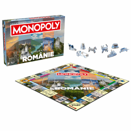 Joc de masă Monopoly «Minunata Românie» (ro) Explorează România într-un mod unic și distractiv cu Monopoly "Minunata Românie"!Acest joc clasic de societate este personalizat pentru a include cele mai iconice obiective turistice și obiceiuri locale ale țării noastre. Monopoly "Minunata Românie" îți oferă oportunitatea de a călători virtual prin cele mai frumoase locații din țară, achiziționând și dezvoltând proprietăți precum Castelul Bran, Ateneul Român, Delta Dunării și multe altele.Cartonașele „Șansă” și „Cufărul Comunității” sunt pline de surprize și provocări inspirate din obiceiurile și tradițiile locale, adăugând un plus de autenticitate și amuzament jocului. Vei întâlni provocări care îți vor testa cunoștințele despre România și vei descoperi povești fascinante despre locurile și obiceiurile noastre.Jocul este perfect pentru serile petrecute în familie sau cu prietenii, oferindu-ți ore întregi de distracție și competiție amicală. Monopoly România este o modalitate excelentă de a învăța mai multe despre țara noastră, în timp ce te bucuri de strategii de joc captivante și de plăcerea de a fi cel mai bun investitor.Acest joc este un cadou ideal pentru iubitorii de călătorii, pasionații de istorie și pentru oricine dorește să exploreze România într-un mod inedit. Pregătește-te să cumperi, să vinzi și să te distrezi cu Monopoly "Minunata Românie"!Conținutul jocului: 	1 tablă de joc 	8 pioni personalizați 	28 de cărți de proprietate 	16 cărți „Șansă” 	16 cărți „Cufărul Comunității” 	Bani Monopoly 	32 case 	12 hoteluri 	2 zaruri 	Instrucțiuni în limba română