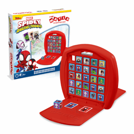 Joc de masă Top Trumps Match «Păienjenelul și prietenii lui uimitori» Pornește într-o aventură captivantă prin New York împreună cu eroii preferați din universul Spiderman! Cei mai mici fani ai supereroilor vor fi absorbiți într-un joc plin de acțiune și logică, unde trebuie să alinieze personajele preferate.Designul compact și regulile simple fac din acest joc o alegere ideală pentru copiii de la 4 ani în sus.Fiecare cub prezintă un personaj colorat din seria animată "Păienjenelul și prietenii lui uimitori": Spidey, Miles Morales, Gwen și mulți alții.Scopul este să împingi cuburile astfel încât să formezi un rând de cinci personaje identice. Jocul stimulează gândirea logică, atenția și coordonarea mână-ochi, aducând în același timp distracție alături de eroii îndrăgiți.Regulile jocului:Scopul este să formezi un rând de 5 cuburi identice — pe verticală, orizontală sau diagonală.Fiecare jucător primește câte două cărți cu personaje (cărțile celuilalt jucător rămân secrete).Cel mai tânăr jucător începe, împingând cubul din colțul stânga sus al tablei.Al doilea jucător folosește cubul căzut pentru a împinge următorul.Cine reușește primul să alinieze 5 personaje identice, strigă „MATCH” și câștigă.Atenție: victoria poate fi „furată” dacă adversarul are o carte care se potrivește cu personajul aliniat.Conținut: 	Tablă de joc din plastic cu capac 	25 de cuburi 	15 cărți cu personajeSpecificații: 	Număr de jucători: 2 	Vârstă recomandată: de la 4 ani 	Durata jocului: aproximativ 15 minute