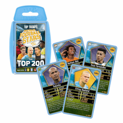 Настольная игра Top Trumps «World Football Stars 200» (3) Top Trumps: World Football Stars – Top 200 — это коллекционная карточная игра для поклонников футбола всех возрастов. Внутри — 200 карт с самыми известными звёздами мирового футбола: от легенд до восходящих талантов. Игроки сравнивают характеристики игроков (например, голы, техника, возраст), чтобы выиграть карты соперников. Третий набор включает удобный пластиковый футляр, правила и карты для игры. Это отличная возможность узнать больше о футболистах и весело провести время.Начни собирать всех лучших футболистов мира с набором Top Trumps TOP 200, всего доступно 6 коллекционных паков. В коллекции — игроки из Англии, Европы, США, Германии, Испании, Ближнего Востока, среди них и мужчины, и женщины.Игра подходит детям с 6 лет и взрослым.
