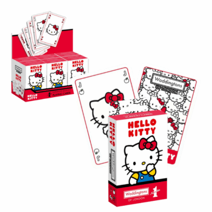 Карты игральные Waddingtons No. 1 «Hello Kitty» Hello Kitty встречает классику! Завяжите бантики и познакомьтесь с очаровательной колодой игральных карт, вдохновлённой Санрио. В этой уникальной колоде не только изображена сама Hello Kitty, но и классические масти заменены милыми символами: бантиками, вишенками и другими элементами Hello Kitty. Весёлая игра для всей семьи и настоящий подарок для поклонников Kitty!Ключевые особенности: 	Официальная колода Waddingtons Number 1 с Hello Kitty 	52 высококачественные карты + 2 джокера 	Любимые персонажи и символы Hello Kitty вместо стандартных мастей 	Идеально для классических карточных игр: покер, бридж, снеп, рами 	Подходит для детей от 6 лет 	Количество игроков: от 2