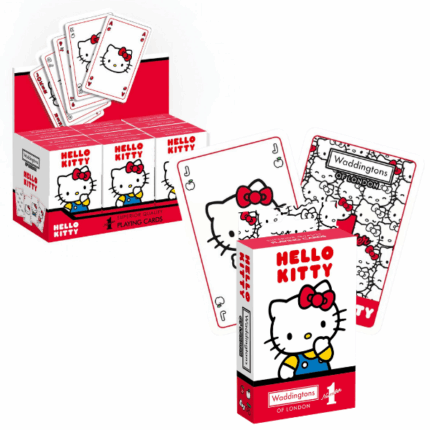 Карты игральные Waddingtons No. 1 «Hello Kitty» Hello Kitty встречает классику! Завяжите бантики и познакомьтесь с очаровательной колодой игральных карт, вдохновлённой Санрио. В этой уникальной колоде не только изображена сама Hello Kitty, но и классические масти заменены милыми символами: бантиками, вишенками и другими элементами Hello Kitty. Весёлая игра для всей семьи и настоящий подарок для поклонников Kitty!Ключевые особенности: 	Официальная колода Waddingtons Number 1 с Hello Kitty 	52 высококачественные карты + 2 джокера 	Любимые персонажи и символы Hello Kitty вместо стандартных мастей 	Идеально для классических карточных игр: покер, бридж, снеп, рами 	Подходит для детей от 6 лет 	Количество игроков: от 2