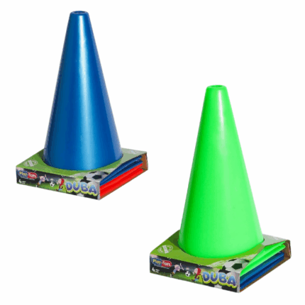 Set de conuri colorate, ass. (4 piese) Aceste conuri colorate sunt ideale pentru jocuri sportive, organizarea traseelor cu obstacole și antrenamente distractive în aer liber.Sunt fabricate din materiale durabile și sigure, fiind complet sigure pentru copii și rezistente la uzură.Recomandate pentru copii de la 3 ani, ajută la dezvoltarea agilității, coordonării și a plăcerii pentru mișcare activă.Caracteristici: 	Înălțimea fiecărui con: 26,5 cm 	Potrivite pentru copii de la 3 ani în sus 	Culori vii pentru vizibilitate sporită și atracție în joacăSetul conține 4 conuri viu colorate – o alegere excelentă pentru jocuri active, trasee cu obstacole și antrenamente sportive.