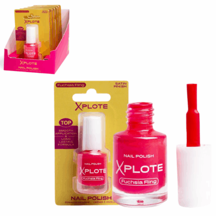 Ojă de unghii XPLOTE «Fuchsia Fling» Răsfață-te cu oja de unghii XPLOTE „Fuchsia Fling”, care îți evidențiază personalitatea și adaugă prospețime look-ului tău. Se aplică ușor, se usucă rapid și oferă un finisaj neted și rezistent.Caracteristici și avantaje: 	Acoperire lucioasă și uniformă dintr-o singură aplicare 	Rezistență îndelungată și formulă anti-ciobire 	Uscare rapidă – ideală pentru manichiura de zi cu zi 	Pensulă precisă pentru aplicare ușoară și uniformă 	Textură lichidă pentru un rezultat impecabilInformații despre produs: 	Volum: 6 mlSfaturi pentru aplicare: 	Pregătește unghiile: îndepărtează oja veche și aplică un strat de bază protector. 	Aplică un strat de ojă XPLOTE și lasă-l să se usuce. 	Pentru o culoare mai intensă, aplică un al doilea strat. 	Finalizează cu un top coat pentru un plus de rezistență și luciu.Oferă unghiilor tale culoare și rafinament cu oja XPLOTE. Experimentează cu fiecare nuanță și strălucește în orice moment!Produs inflamabil – a se păstra departe de foc, scântei, surse de căldură și lumină solară directă.Opriți utilizarea dacă apar iritații.