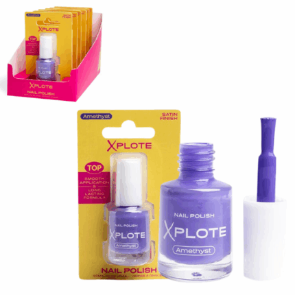 Ojă de unghii XPLOTE «Amethyst» Răsfață-te cu oja de unghii XPLOTE „Amethyst”, care îți evidențiază personalitatea și adaugă prospețime look-ului tău. Se aplică ușor, se usucă rapid și oferă un finisaj neted și rezistent.Caracteristici și avantaje: 	Acoperire lucioasă și uniformă dintr-o singură aplicare 	Rezistență îndelungată și formulă anti-ciobire 	Uscare rapidă – ideală pentru manichiura de zi cu zi 	Pensulă precisă pentru aplicare ușoară și uniformă 	Textură lichidă pentru un rezultat impecabilInformații despre produs: 	Volum: 6 mlSfaturi pentru aplicare: 	Pregătește unghiile: îndepărtează oja veche și aplică un strat de bază protector. 	Aplică un strat de ojă XPLOTE și lasă-l să se usuce. 	Pentru o culoare mai intensă, aplică un al doilea strat. 	Finalizează cu un top coat pentru un plus de rezistență și luciu.Oferă unghiilor tale culoare și rafinament cu oja XPLOTE. Experimentează cu fiecare nuanță și strălucește în orice moment!Produs inflamabil – a se păstra departe de foc, scântei, surse de căldură și lumină solară directă.Opriți utilizarea dacă apar iritații.