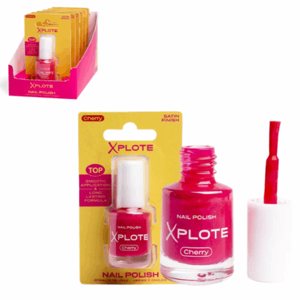 Ojă de unghii XPLOTE «Cherry» Răsfață-te cu oja de unghii XPLOTE „Cherry”, care îți evidențiază personalitatea și adaugă prospețime look-ului tău. Se aplică ușor, se usucă rapid și oferă un finisaj neted și rezistent.Caracteristici și avantaje: 	Acoperire lucioasă și uniformă dintr-o singură aplicare 	Rezistență îndelungată și formulă anti-ciobire 	Uscare rapidă – ideală pentru manichiura de zi cu zi 	Pensulă precisă pentru aplicare ușoară și uniformă 	Textură lichidă pentru un rezultat impecabilInformații despre produs: 	Volum: 6 mlSfaturi pentru aplicare: 	Pregătește unghiile: îndepărtează oja veche și aplică un strat de bază protector. 	Aplică un strat de ojă XPLOTE și lasă-l să se usuce. 	Pentru o culoare mai intensă, aplică un al doilea strat. 	Finalizează cu un top coat pentru un plus de rezistență și luciu.Oferă unghiilor tale culoare și rafinament cu oja XPLOTE. Experimentează cu fiecare nuanță și strălucește în orice moment!Produs inflamabil – a se păstra departe de foc, scântei, surse de căldură și lumină solară directă.Opriți utilizarea dacă apar iritații.