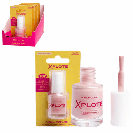 Ojă de unghii XPLOTE «Cashmere» Răsfață-te cu oja de unghii XPLOTE „Cashmere”, care îți evidențiază personalitatea și adaugă prospețime look-ului tău. Se aplică ușor, se usucă rapid și oferă un finisaj neted și rezistent.Caracteristici și avantaje: 	Acoperire lucioasă și uniformă dintr-o singură aplicare 	Rezistență îndelungată și formulă anti-ciobire 	Uscare rapidă – ideală pentru manichiura de zi cu zi 	Pensulă precisă pentru aplicare ușoară și uniformă 	Textură lichidă pentru un rezultat impecabilInformații despre produs: 	Volum: 6 mlSfaturi pentru aplicare: 	Pregătește unghiile: îndepărtează oja veche și aplică un strat de bază protector. 	Aplică un strat de ojă XPLOTE și lasă-l să se usuce. 	Pentru o culoare mai intensă, aplică un al doilea strat. 	Finalizează cu un top coat pentru un plus de rezistență și luciu.Oferă unghiilor tale culoare și rafinament cu oja XPLOTE. Experimentează cu fiecare nuanță și strălucește în orice moment!Produs inflamabil – a se păstra departe de foc, scântei, surse de căldură și lumină solară directă.Opriți utilizarea dacă apar iritații.
