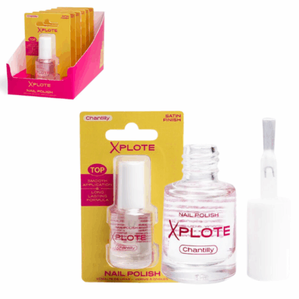 Ojă de unghii XPLOTE «Chantilly» Răsfață-te cu oja transparentă versatilă XPLOTE „Chantilly”, care oferă unghiilor un aspect îngrijit și strălucitor. Este perfectă atât pentru aplicare individuală, cât și ca strat final de finisare. Oja se aplică ușor, se usucă rapid și creează un finisaj neted, rezistent, cu un luciu delicat.Caracteristici și avantaje: 	Acoperire transparentă și lucioasă — ideală pentru un look natural 	Protejează și întărește unghiile 	Formulă cu uscare rapidă — pentru îngrijire expres 	Pensulă comodă pentru aplicare uniformă 	Textură ușoară — finisaj impecabil, fără dungiInformații despre produs: 	Volum: 6 mlSfaturi de aplicare: 	Pregătește unghiile: îndepărtează oja veche și aplică bază, dacă este necesar. 	Aplică un strat de ojă XPLOTE și lasă-l să se usuce. 	Dacă dorești, aplică un al doilea strat pentru un plus de strălucire. 	Folosește-l ca top coat pentru fixarea ojei colorate.Adaugă un plus de strălucire naturală și prospețime manichiurii tale cu XPLOTE „Chantilly” — alegerea perfectă pentru orice stil!Produs inflamabil – a se păstra departe de foc, scântei, surse de căldură și lumină solară directă.Opriți utilizarea dacă apar iritații.