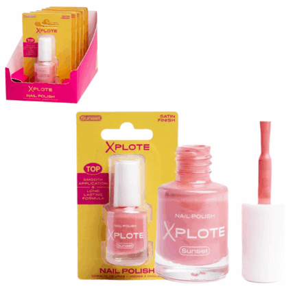 Ojă de unghii XPLOTE «Sunset» Răsfață-te cu oja de unghii XPLOTE „Sunset”, care îți evidențiază personalitatea și adaugă prospețime look-ului tău. Se aplică ușor, se usucă rapid și oferă un finisaj neted și rezistent.Caracteristici și avantaje: 	Acoperire lucioasă și uniformă dintr-o singură aplicare 	Rezistență îndelungată și formulă anti-ciobire 	Uscare rapidă – ideală pentru manichiura de zi cu zi 	Pensulă precisă pentru aplicare ușoară și uniformă 	Textură lichidă pentru un rezultat impecabilInformații despre produs: 	Volum: 6 mlSfaturi pentru aplicare: 	Pregătește unghiile: îndepărtează oja veche și aplică un strat de bază protector. 	Aplică un strat de ojă XPLOTE și lasă-l să se usuce. 	Pentru o culoare mai intensă, aplică un al doilea strat. 	Finalizează cu un top coat pentru un plus de rezistență și luciu.Oferă unghiilor tale culoare și rafinament cu oja XPLOTE. Experimentează cu fiecare nuanță și strălucește în orice moment!Produs inflamabil – a se păstra departe de foc, scântei, surse de căldură și lumină solară directă.Opriți utilizarea dacă apar iritații.