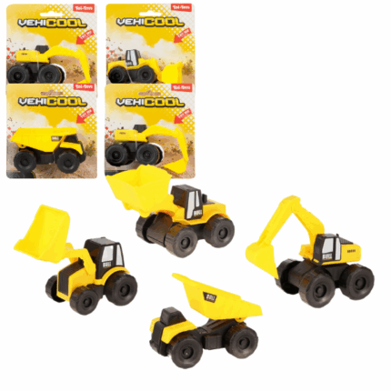 Mini utilaje de utilaje de construcții — «Vehicool» Pornește-ți propriul atelier de construcții cu acest mini vehicul galben strălucitor de la Vehicool!Vehiculele au o înălțime de aproximativ 10 cm și sunt echipate cu părți mobile — braț, excavator sau macara — pentru o joacă realistă și distractivă.Mută nisip adevărat sau creează propriul tău șantier imaginar chiar acasă!Caracteristici: 	Înălțime: aprox. 10 cm 	Componente mobile pentru joc interactiv 	Ideal pentru joacă în nisip sau în casă 	Ajută la dezvoltarea motricității și imaginației