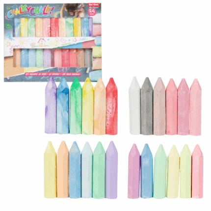 Set de cretă colorată pentru trotuar, 24 buc. Are trotuarul tău nevoie de puțină culoare?Cu aceste crete colorate, aleile gri se transformă în opere de artă vibrante! Perfecte pentru jocuri de tip „șotron”, galerii stradale sau pur și simplu pentru desenat afară cu prietenii.Setul conține 24 de crete sub formă de creion: 	6 culori neon 	6 culori marmurate 	12 culori clasiceForma ergonomică este ideală pentru mâinile copiilor. Creta este ușor de utilizat, se spală ușor cu apă și stimulează creativitatea și coordonarea celor mici.Cadoul ideal pentru zile de naștere, vacanțe sau momente creative oricând!