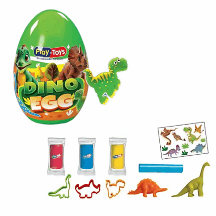 Set de modelare în ou «Dinozauri» Setul de joacă Play Toys „Dinozauri” le oferă copiilor ocazia să exploreze lumea dinozaurilor prin joc creativ. Setul include 3 culori de plastilină, câte 15 g fiecare. În pachet se găsesc 4 forme în formă de dinozauri, precum triceratops și diplodocus, pentru ca cei mici să poată crea propriile creaturi preistorice preferate.Caracteristici: 	3 recipiente de plastilină a câte 15 g 	4 forme de dinozauri (triceratops, diplodocus și altele) 	Autocolante 	Figurine de dinozauri 	Compoziție sigură și netoxică, potrivită pentru copii de la 3 ani 	Dezvoltă creativitatea, motricitatea fină și imaginația„Dinozauri” este setul perfect pentru micii paleontologi care iubesc dinozaurii și activitățile creative.
