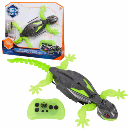 Robot-gecko HEX BOTS cu telecomandă Descoperă magia tehnologiei cu gecko‑robotul HEX BOTS cu telecomandă  — o jucărie fascinantă care nu doar se mișcă pe podea, ci urcă cu grație pe pereți, imitând mișcarea naturală a unei reptile! Ochii LED iluminează în beznă, pentru o atmosferă plină de mister. 	Control complet prin telecomandă: înainte/înapoi, viraje și modul „stunt”, cu o rază de acțiune de până la 8 m. 	Încărcare USB eficientă, cablu inclus; telecomanda necesită 2 baterii AAA (nu sunt incluse). 	Construcție durabilă: carcasă din plastic rezistent și lăbuțe din silicon pentru aderență sigură pe orice suprafață. 	Potrivit pentru copii de la 4 ani: design sigur și educativ, care stimulează coordonarea, atenția și pasiunea pentru robotică.O alegere ideală pentru cadouri pline de aventură și tehnologie, perfectă pentru joaca creativă în interior!