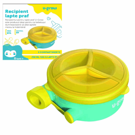 Recipient pentru Lapte Praf cu 3 Compartimente — U-Grow Recipientul pentru lapte praf U-Grow este soluția perfectă pentru părinții care doresc să aibă laptele praf mereu la îndemână pentru bebelușul lor. Acest recipient inteligent dispune de trei compartimente, permițându-vă să păstrați până la trei porții de lapte praf, ideal pentru utilizare pe parcursul zilei. Capacul său etanș asigură siguranța conținutului, astfel încât să îl puteți transporta cu ușurință fără riscul de vărsare.Designul său compact și practic îl face ideal pentru utilizare acasă, în plimbări sau în călătorii. În plus, recipientul poate fi folosit și pentru a păstra gustări mici sau alte alimente necesare copilului.Caracteristici principale: 	Dozator practic pentru păstrarea și măsurarea laptelui praf 	Capacitate totală de 101 grame lapte praf (250 ml) 	Capacul etanș protejează conținutul împotriva vărsării 	Trei compartimente separate, pentru păstrarea a trei porții diferite 	Ideal pentru utilizare acasă, în plimbări sau în călătorii