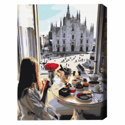 Pictură pe numere 40*50 сm (în cutie) – Mic dejun în Milano Setul include: 	pânză de bumbac cu o diagramă numerotată a imaginii, pe o ramă de lemn 	 3 perii de diferite grosimi 	 vopsele acrilice numerotate 	 monturi pentru fixare pe perete
