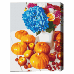 Pictură pe numere 40х50 cm (fără cutie) – Natură moartă cu dovleci Setul include: 	pânză de bumbac cu o diagramă numerotată a imaginii, pe o ramă de lemn 	 3 perii de diferite grosimi 	 vopsele acrilice numerotate 	 monturi pentru fixare pe perete