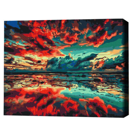 Pictură pe numere 40*50 cm (în cutie) – Reflecția lumii Setul include:• pânză de bumbac cu o diagramă numerotată a imaginii, pe o ramă de lemn• 3 perii de diferite grosimi• vopsele acrilice numerotate• monturi pentru fixare pe perete