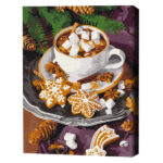 Pictură pe numere 40*50 сm (fără cutie)  – Cacao cu zăpada Setul include: 	pânză de bumbac cu o diagramă numerotată a imaginii, pe o ramă de lemn 	 3 perii de diferite grosimi 	 vopsele acrilice numerotate 	 monturi pentru fixare pe perete