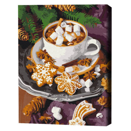 Pictură pe numere 40*50 сm (fără cutie)  – Cacao cu zăpada Setul include: 	pânză de bumbac cu o diagramă numerotată a imaginii, pe o ramă de lemn 	 3 perii de diferite grosimi 	 vopsele acrilice numerotate 	 monturi pentru fixare pe perete