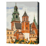 Pictură pe numere 40*50 cm (în cutie) – Castelul Wawel din Cracovia Setul include:• pânză de bumbac cu o diagramă numerotată a imaginii, pe o ramă de lemn• 3 perii de diferite grosimi• vopsele acrilice numerotate• monturi pentru fixare pe perete