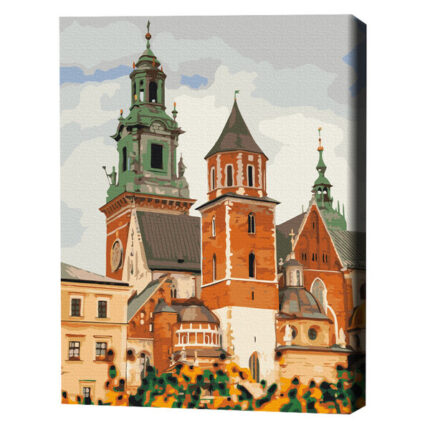 Pictură pe numere 40*50 cm (în cutie) – Castelul Wawel din Cracovia Setul include:• pânză de bumbac cu o diagramă numerotată a imaginii, pe o ramă de lemn• 3 perii de diferite grosimi• vopsele acrilice numerotate• monturi pentru fixare pe perete