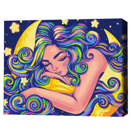 Pictură pe numere 40*50 сm (fără cutie)  – Vise în culori de neon Setul include: 	pânză de bumbac cu o diagramă numerotată a imaginii, pe o ramă de lemn 	 3 perii de diferite grosimi 	 vopsele acrilice numerotate 	 monturi pentru fixare pe perete